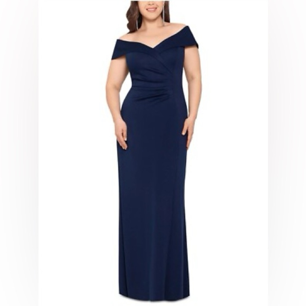 Xscape Navy Off-Shoulder Maxi Dress